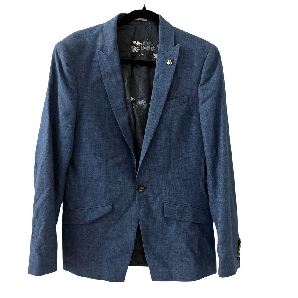 River Island Men's Blue Single‎ Button Floral Lined Linen Blazer Size 36R